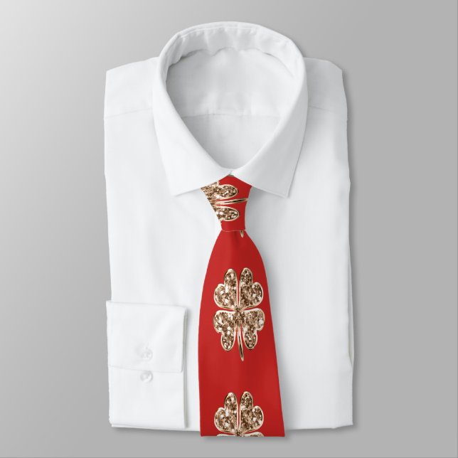 Golden Four Leaf Clover Festive Red and Gold Chic Tie (Tied)