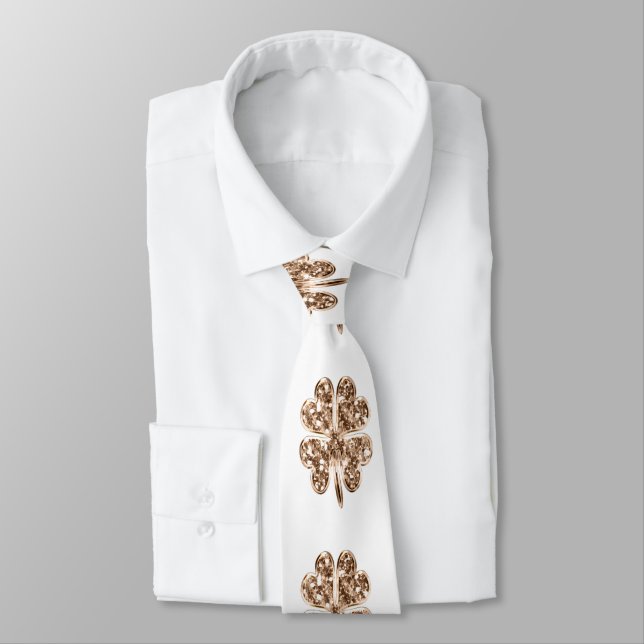 Golden Four Leaf Clover Stylish Gold and White Tie (Tied)