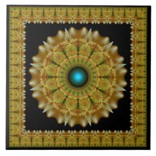 Golden fractal framed ornament mandala tile