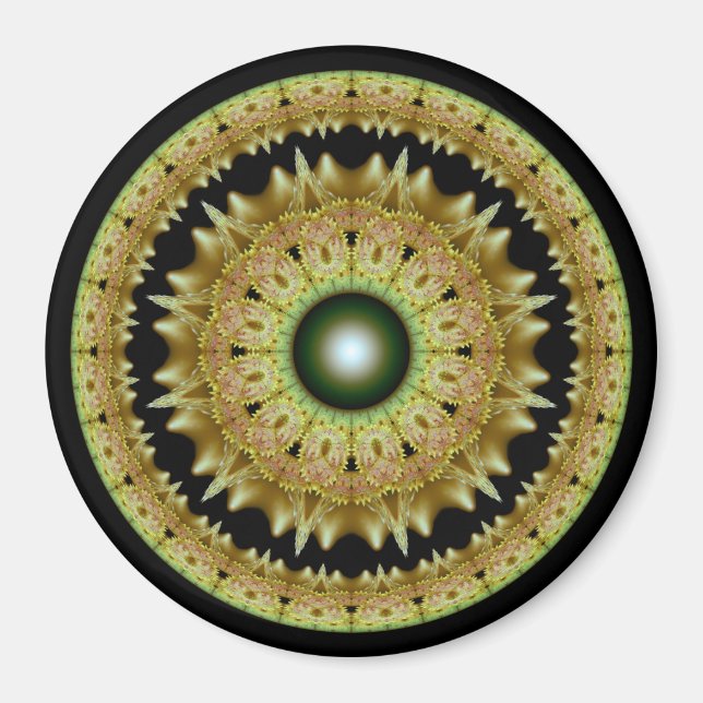 Golden fractal round mandala magnet (Front)