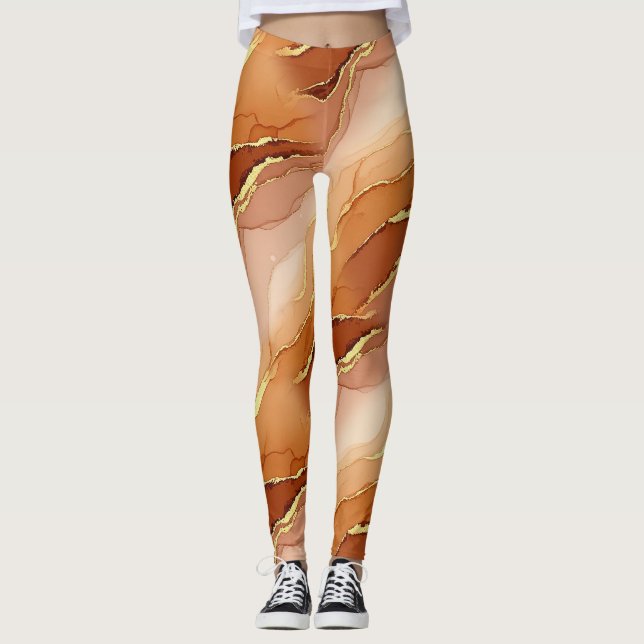 Golden Fracture Marble Earth Tone Fluid Leggings (Front)