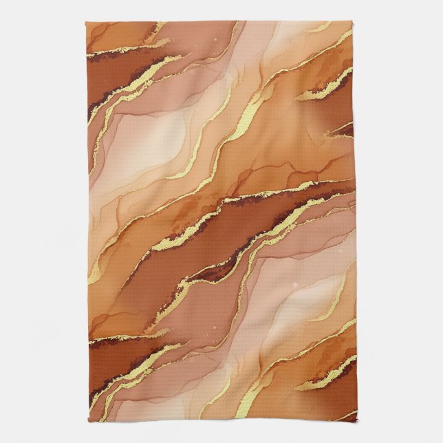 Golden Fracture Marble Earth Tone Fluid Tea Towel (Vertical)
