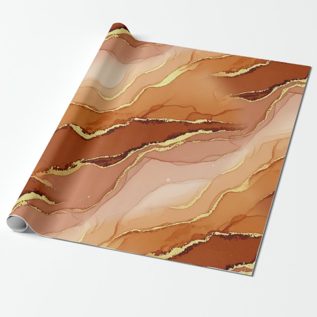 Golden Fracture Marble Earth Tone Fluid Wrapping Paper (Unrolled)