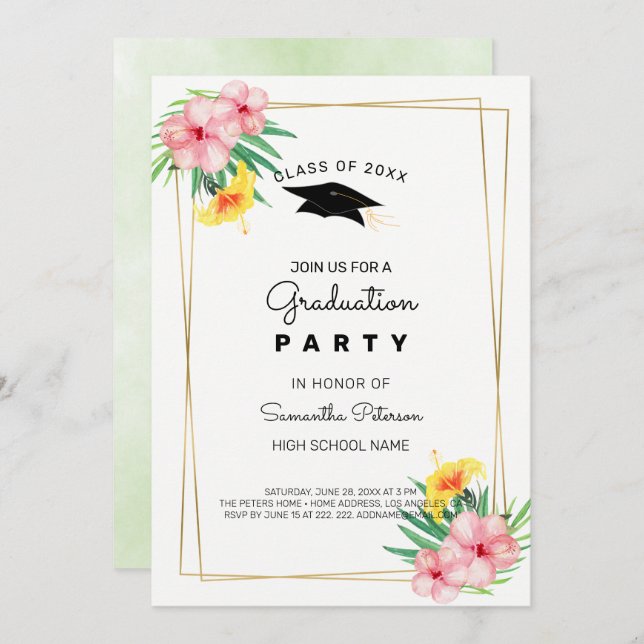 Golden Frame And Flowers Invitation (Front/Back)