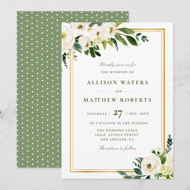 golden frame and white garden blooms wedding invitation (Front/Back)