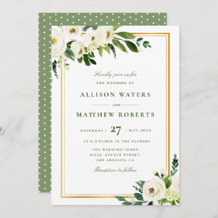 golden frame and white garden blooms wedding invitation