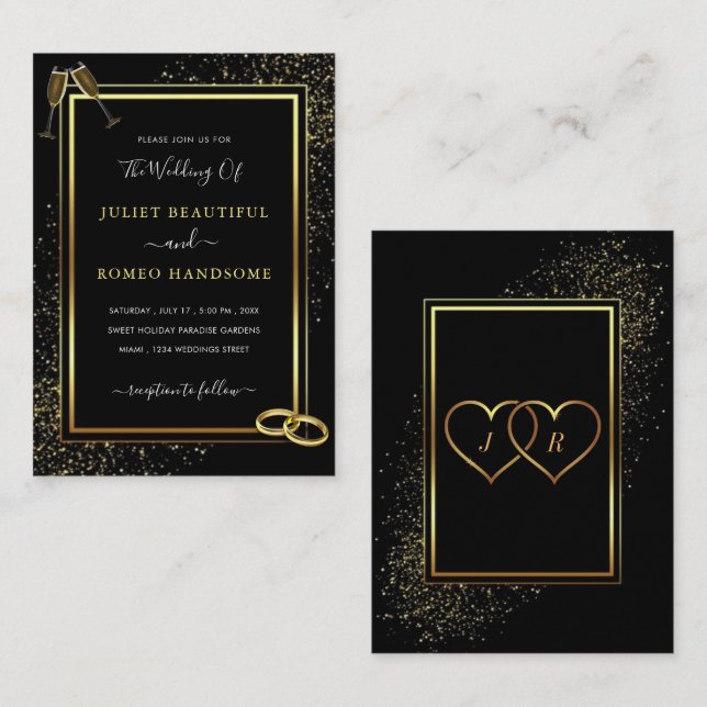 Golden Frame & Rings Black Gold Wedding Invitation (Front/Back)