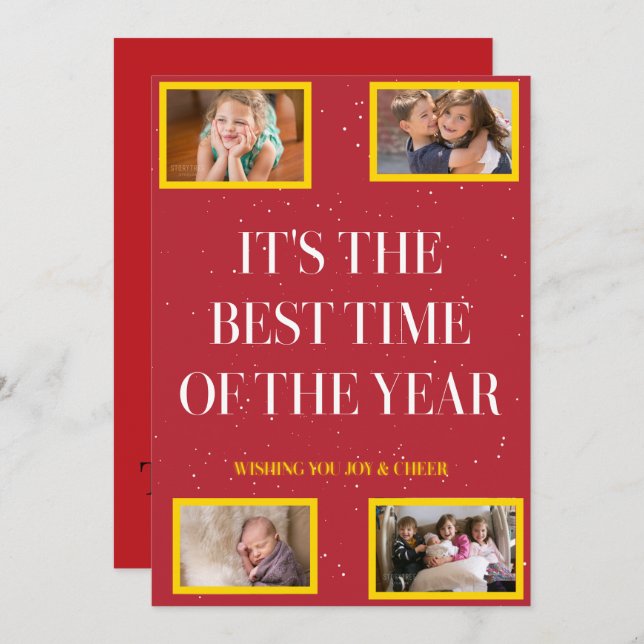 Golden Frame Snowy Red Christmas Cheer Holiday Card (Front/Back)