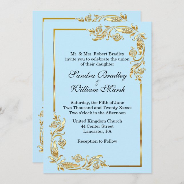 Golden Frame Traditional Blue Invitation (Front/Back)
