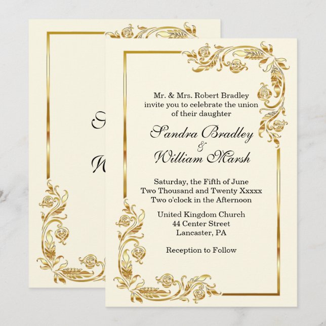 Golden Frame Traditional Cream Invitation (Front/Back)