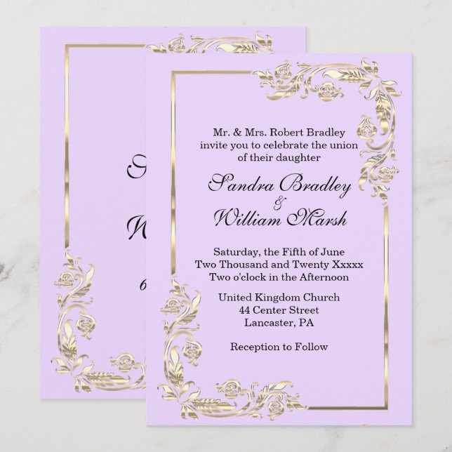 Golden Frame Traditional Lavender  Invitation (Front/Back)