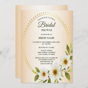 Golden Frame White Floral Peach Bridal Shower Invitation