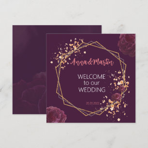 golden frame with flowers roses on a burgundy announcement