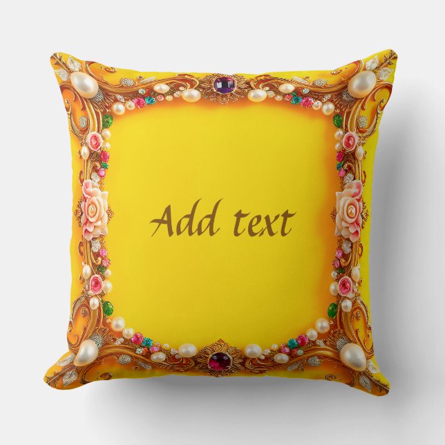Golden Frame with Gemstones and Roses Cushion (Front)