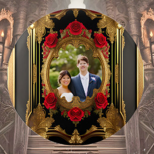 Golden frame with red roses, gothic style photo 3 cm round badge