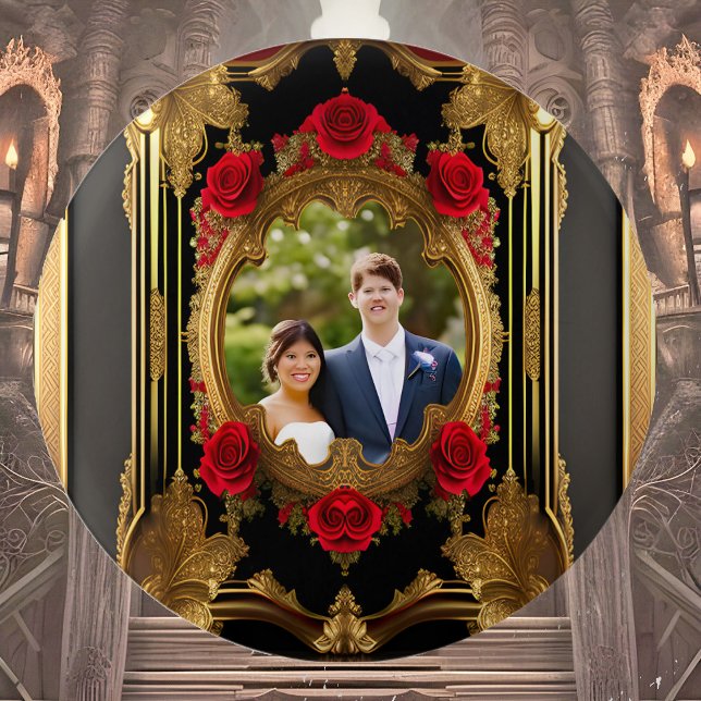 Golden frame with red roses, gothic style photo  3 cm round badge (Creator Uploaded)