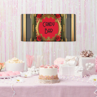Golden frame with red roses, gothic style wedding banner