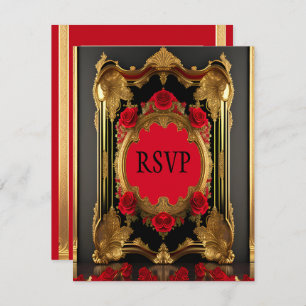 Golden frame with red roses, gothic style wedding RSVP card