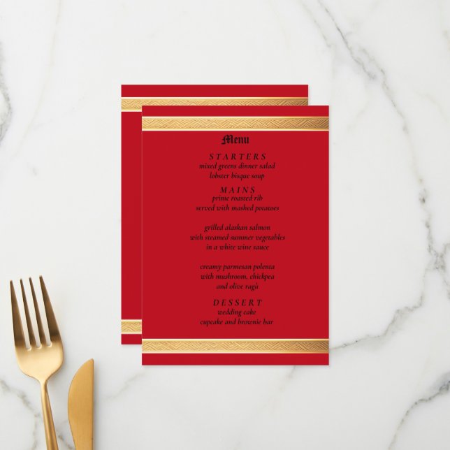 Golden frame with red roses, gothic wedding menu (Front/Back In Situ)