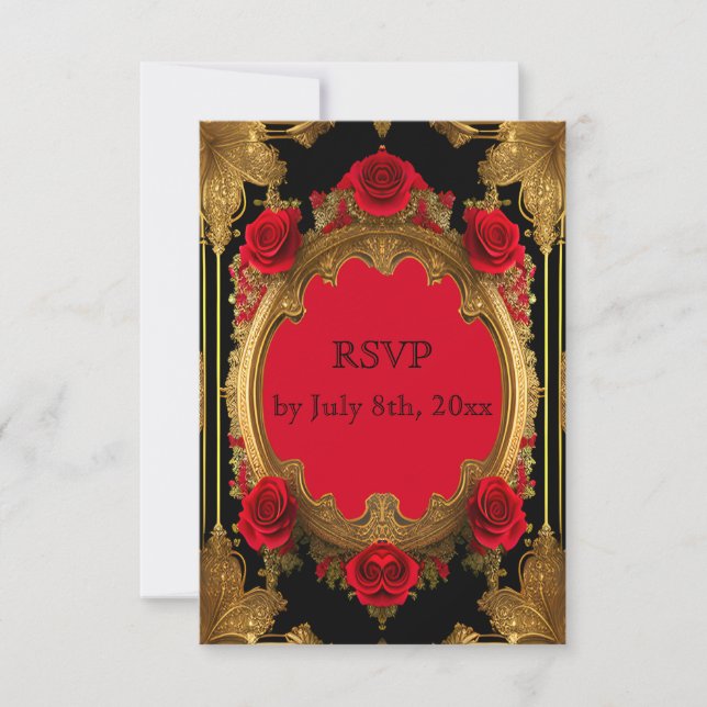Golden frame with red roses, gothic wedding RSVP card (Front)