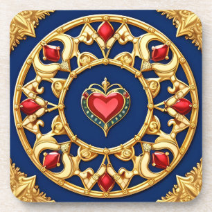Golden Framed Heart Motif With Ornate Design Coaster