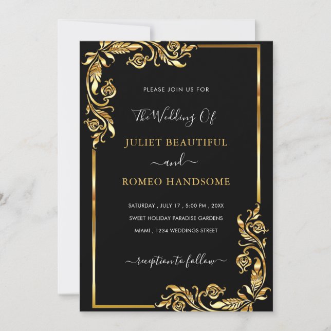 Golden Frames Black Wedding Invitations Example (Front)