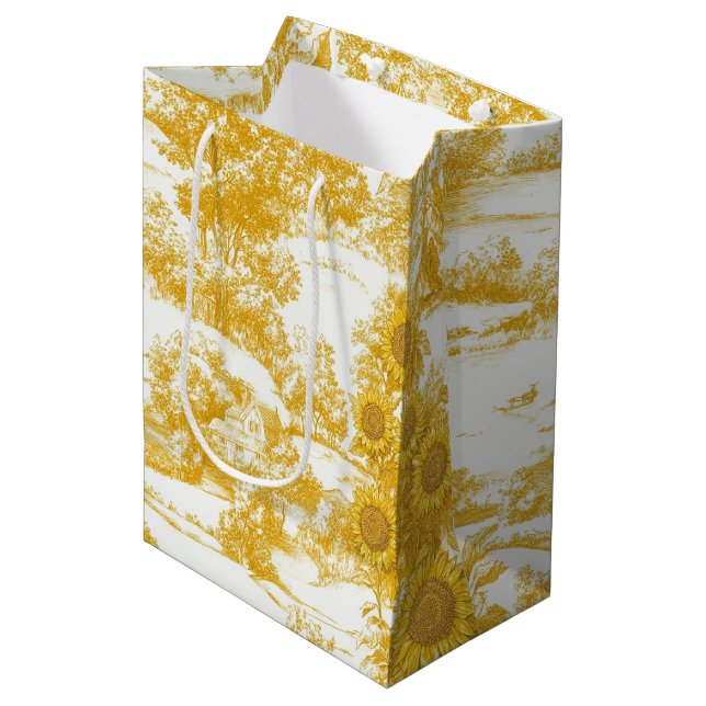 Golden French Country Sunflower Toile Pattern Medium Gift Bag (Front Angled)