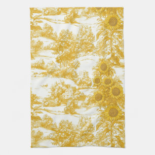 Golden French Country Sunflower Toile Pattern Tea Towel