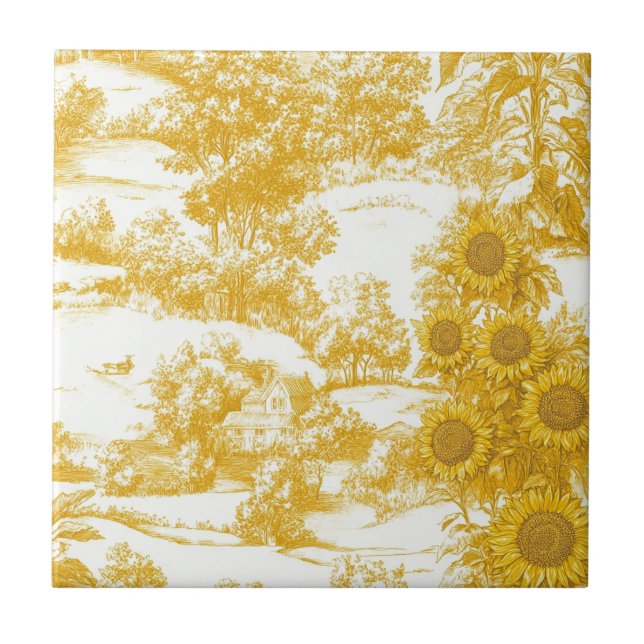 Golden French Country Sunflower Toile Pattern Tile (Front)