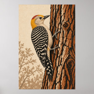 Golden-fronted Woodpecker in South Texas Woodcut A Poster