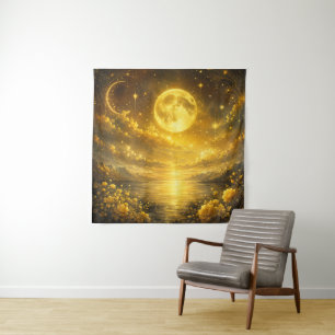 Golden Full Moon Over Enchanted Lake — Fantasy Tapestry
