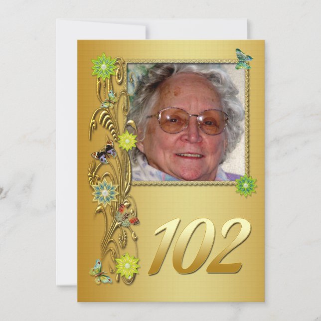 Golden Garden 102nd Birthday party invitation (Front)
