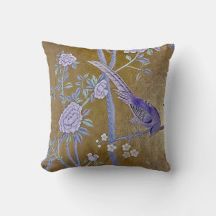 Golden Garden Chinoiserie with Purple Bird  Cushion