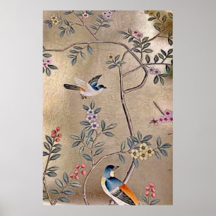 Golden Garden Chinoiserie with Song Birds Poster