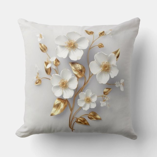 Golden Garden: White & Gold Floral Pillow (Front)