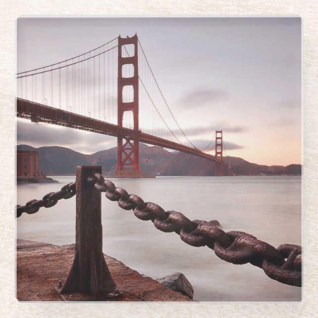 Golden Gate Bridge against mountains Glass Coaster (Front)
