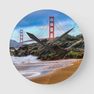 Golden Gate Bridge at sunset Round Clock
