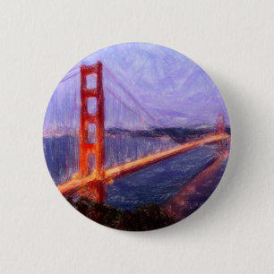 Golden Gate Bridge -- mixed media painting 6 Cm Round Badge