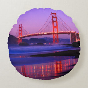 Golden Gate Bridge on Baker Beach at Sundown Round Cushion
