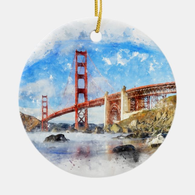 Golden Gate Bridge pastel in San Francisco Ceramic Tree Decoration (Front)