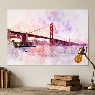 Golden Gate Bridge Watercolor at Sunset Poster