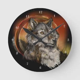Golden Gaze Wolf Round Clock