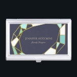 Golden Gem Outlines | Navy Blue | Jewellery Business Card Holder<br><div class="desc">Business card holder in navy blue featuring the outlines of a jewel in faux gold,  white,  and turquoise.</div>