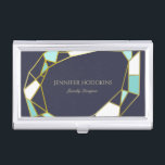 Golden Gem Outlines | Navy Blue | Jewellery Business Card Holder<br><div class="desc">Business card holder in navy blue featuring the outlines of a jewel in faux gold,  white,  and turquoise.</div>