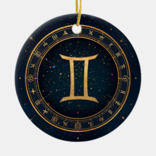 Golden Gemini Zodiac Circle With Starry Night Ceramic Tree Decoration