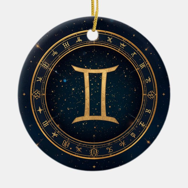 Golden Gemini Zodiac Circle With Starry Night Ceramic Tree Decoration (Front)