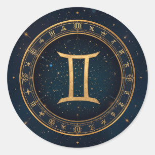 Golden Gemini Zodiac Circle With Starry Night Classic Round Sticker