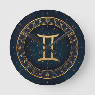 Golden Gemini Zodiac Circle With Starry Night Round Clock