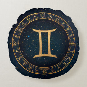 Golden Gemini Zodiac Circle With Starry Night Round Cushion
