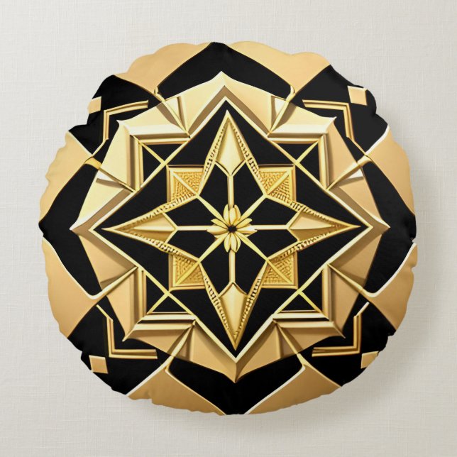 Golden Geometric Ornament Round Cushion (Front)